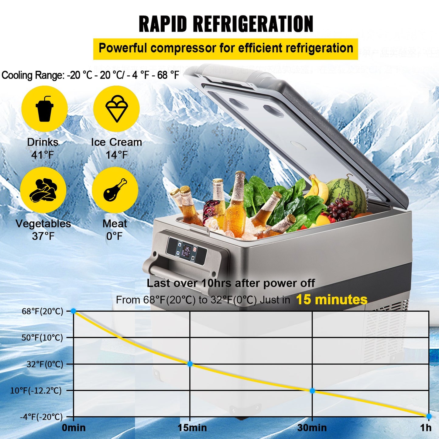 VEVOR 12 Volt Refrigerator 45L(48qt) Fast Cooling Portable Freezer with App Control(-4¨H~68¨H) Car Fridge with 12/24v DC & 110-240v AC for Travel, Camping and Home Use, 48 Quart, Black