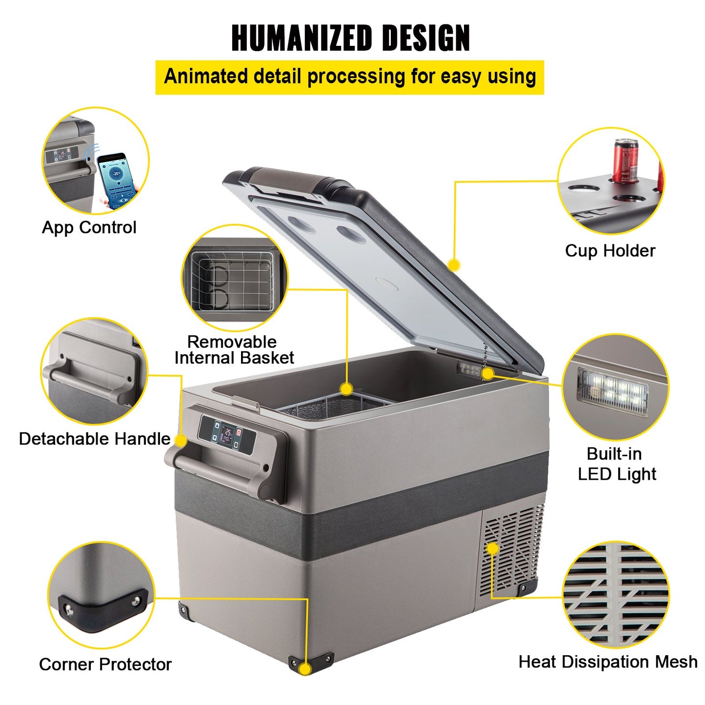 VEVOR 12 Volt Refrigerator 45L(48qt) Fast Cooling Portable Freezer with App Control(-4¨H~68¨H) Car Fridge with 12/24v DC & 110-240v AC for Travel, Camping and Home Use, 48 Quart, Black