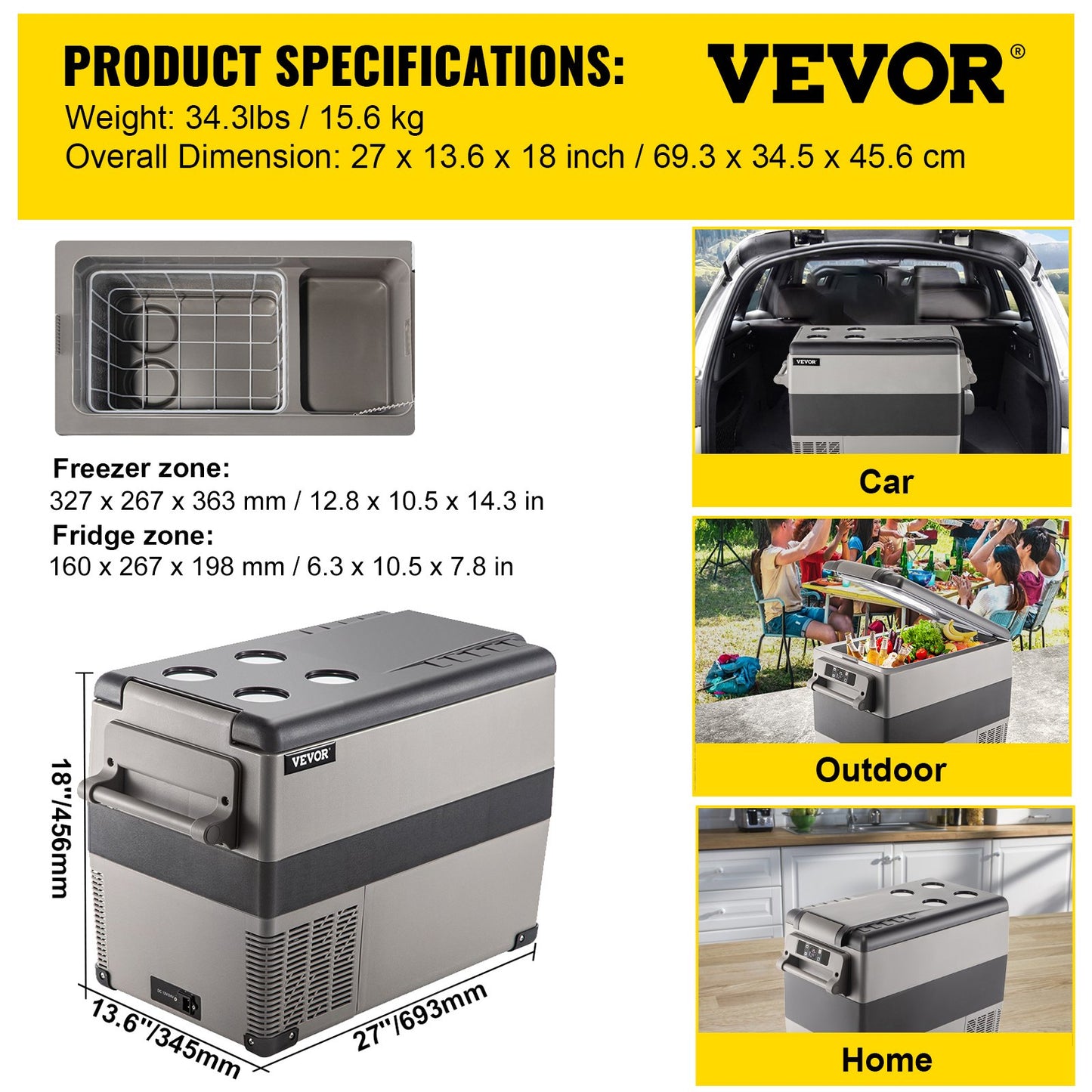 VEVOR 12 Volt Refrigerator 45L(48qt) Fast Cooling Portable Freezer with App Control(-4¨H~68¨H) Car Fridge with 12/24v DC & 110-240v AC for Travel, Camping and Home Use, 48 Quart, Black