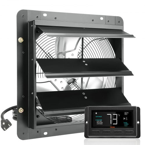 VEVOR Shutter Exhaust Fan, 14'' with Temperature Humidity Controller,  EC-motor, 1513 CFM, 10-Speed Adjustable Wall Mount Attic Fan, Ventilation and Cooling for Greenhouses, Garages, Sheds, ETL Listed