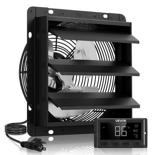 12 inch Shutter Exhaust Fan, Wall Mounted Attic Vent Fan with Smart Programming Variable Speed Temperature Control, 1500 CFM,EC Motor,Timer, for Shed,Garage,Greenhouse Ventilation Cooling,Black
