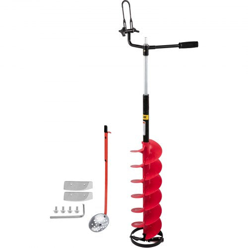 VEVOR Ice Drill Auger, 8'' Diameter Nylon Ice Auger, 41'' Length Ice Auger Bit, Auger Drill w/ 14'' Adjustable Extension Rod, Rubber Handle, Drill Adapter, Replaceable Auger Blade for Ice Fishing Red