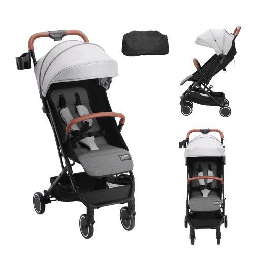 VEVOR Standard Baby Infant Stroller, Toddler Stroller with 95¡ã-150¡ã Adjustable Backrest & & 0/90¡ãAdjustable Footrest & One-click Folding, Newborn Stroller with Cup Holder and Carry Bag, Light Grey