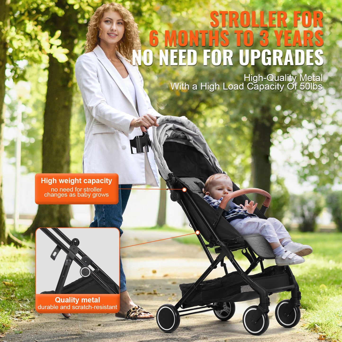 VEVOR Standard Baby Infant Stroller, Toddler Stroller with 95¡ã-150¡ã Adjustable Backrest & & 0/90¡ãAdjustable Footrest & One-click Folding, Newborn Stroller with Cup Holder and Carry Bag, Light Grey