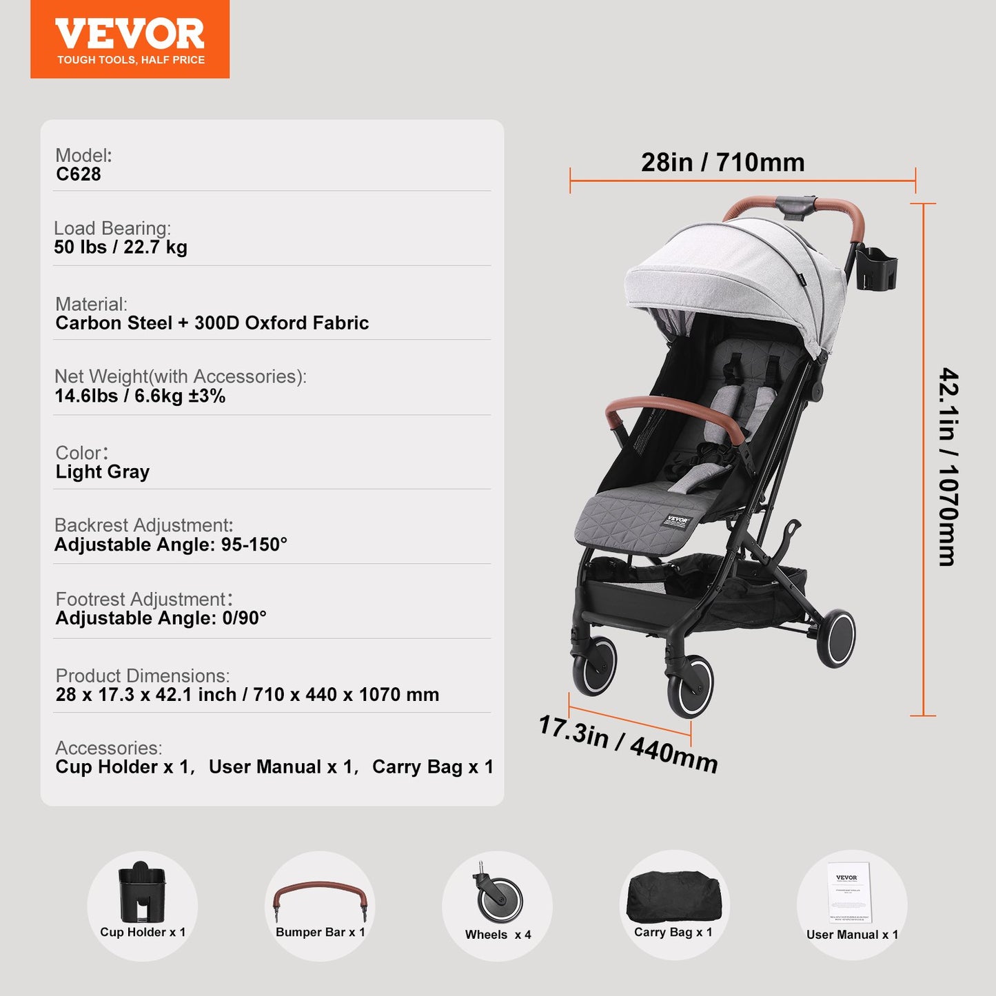 VEVOR Standard Baby Infant Stroller, Toddler Stroller with 95¡ã-150¡ã Adjustable Backrest & & 0/90¡ãAdjustable Footrest & One-click Folding, Newborn Stroller with Cup Holder and Carry Bag, Light Grey