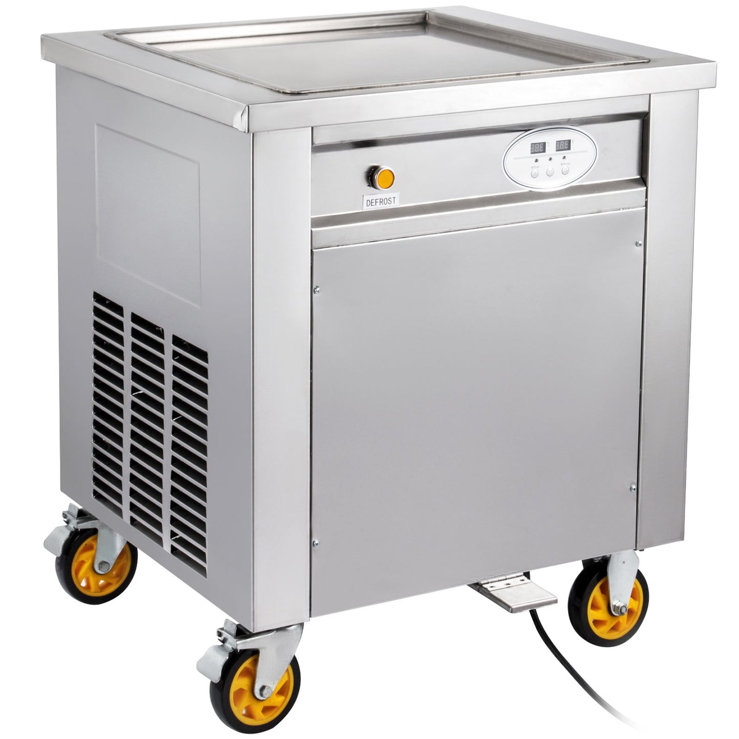 VEVOR Commercial Rolled Ice Cream Machine, 1350W Stir-Fried Yogurt Cream Maker, Ice Cream Roll Machine w/ 19.7-Inch Square Pan, 2 Defrost Methods (Button & Pedal), Perfect for Bars Cafes Dessert Shops
