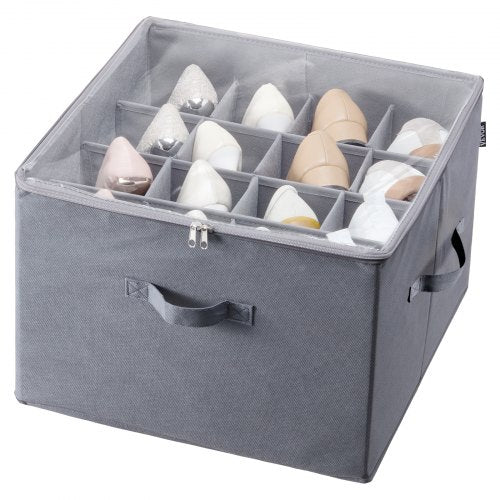 Vevor Sturdy Under Bed Shoe Storage Organizer, Adjustable Dividers Fit 16 Pairs, Shoe Storage Organizer for Closet Organization with Clear Cover, Shoe Rack & Basket, For Closet, Entryway, Trunk, L17x W17x H12.4, Grey