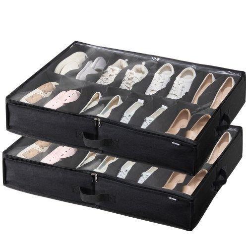 Vevor Sturdy Under Bed Shoe Storage Organizer, Set of 2, Fit 32 Pairs, Underbed Shoes Closet Storage Solution with Clear Window, Breathable, L31.5x W23.6x H5.9, Black