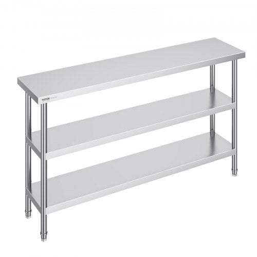 Stainless Steel Food Prep Table, 14 x 60 x 34 Inch Commercial Kitchen Worktable, with 2 Adjustable Undershelf, Heavy Duty Prep Table Metal Work Table for BBQ, Kitchen, Home, and Garage