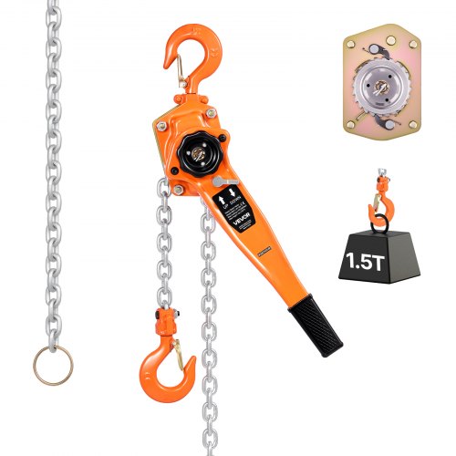 Manual Lever Chain Hoist, 1-1/2T 3300LBS Capacity Heavy Duty Come Along, 10FT Lift G80 Alloy Steel Chain With Dual Pawl Mechanical Brake,360°Rotating Hooks, for Warehouse Construction Garage