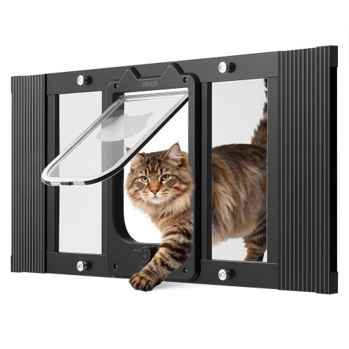 Cat Door for Window, Adjustable to Fit Window Width 27'-32', 4 Secure Lock Modes, Aluminum Frame and High-Transparency Glass, Magnetic Closure, Weatherproof Quick-Fit Pet Door for Cats, Black