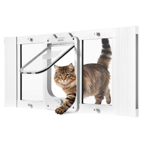 Cat Door for Window, Adjustable to Fit Window Width 31'-36', 4 Secure Lock Modes, Aluminum Frame and High-Transparency Glass, Magnetic Closure, Weatherproof Quick-Fit Pet Door for Cats, White