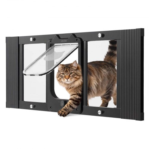 Cat Door for Window, Adjustable to Fit Window Width 31'-36', 4 Secure Lock Modes, Aluminum Frame and High-Transparency Glass, Magnetic Closure, Weatherproof Quick-Fit Pet Door for Cats, Black