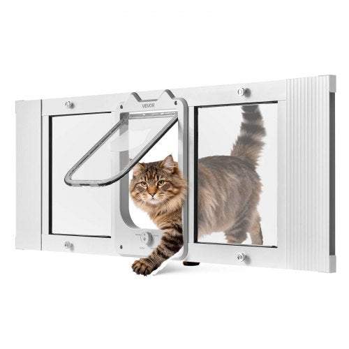 Cat Door for Window, Adjustable to Fit Window Width 35'-40', 4 Secure Lock Modes, Aluminum Frame and High-Transparency Glass, Magnetic Closure, Weatherproof Quick-Fit Pet Door for Cats, White