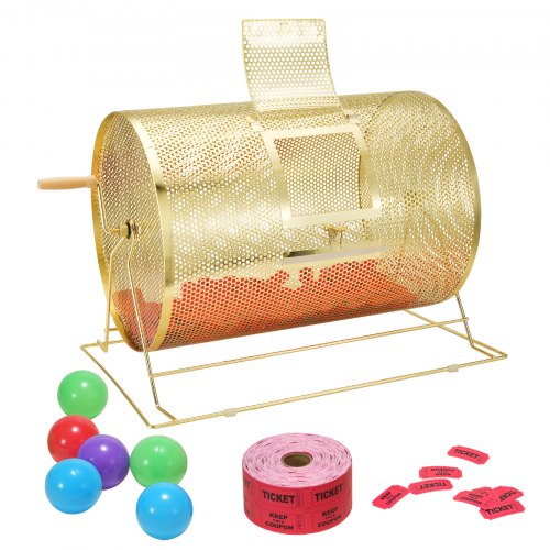 Raffle Drum,Holds 10000 Tickets or 300 Ping Pong Balls, Metal Lottery Spinning Drawing with Wooden Turning Handle, 14.8 x ?21.26 inch Brass Plated Raffle Ticket Spinning Cage, for Bingo Ballot