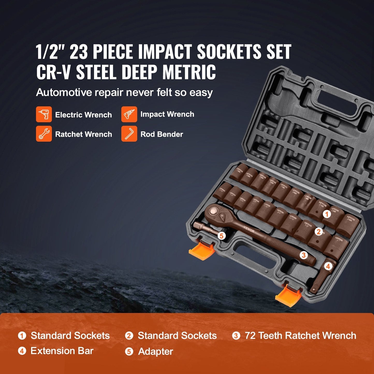 VEVOR 1/2 Drive Impact Socket Set, 23 Piece Socket Set SAE 拢篓7/16 -1拢漏& Metric 拢篓13-24mm拢漏6 Point Cr-V Alloy Steel for Auto Repair with Ratchet Handle Rugged Construction Storage Case