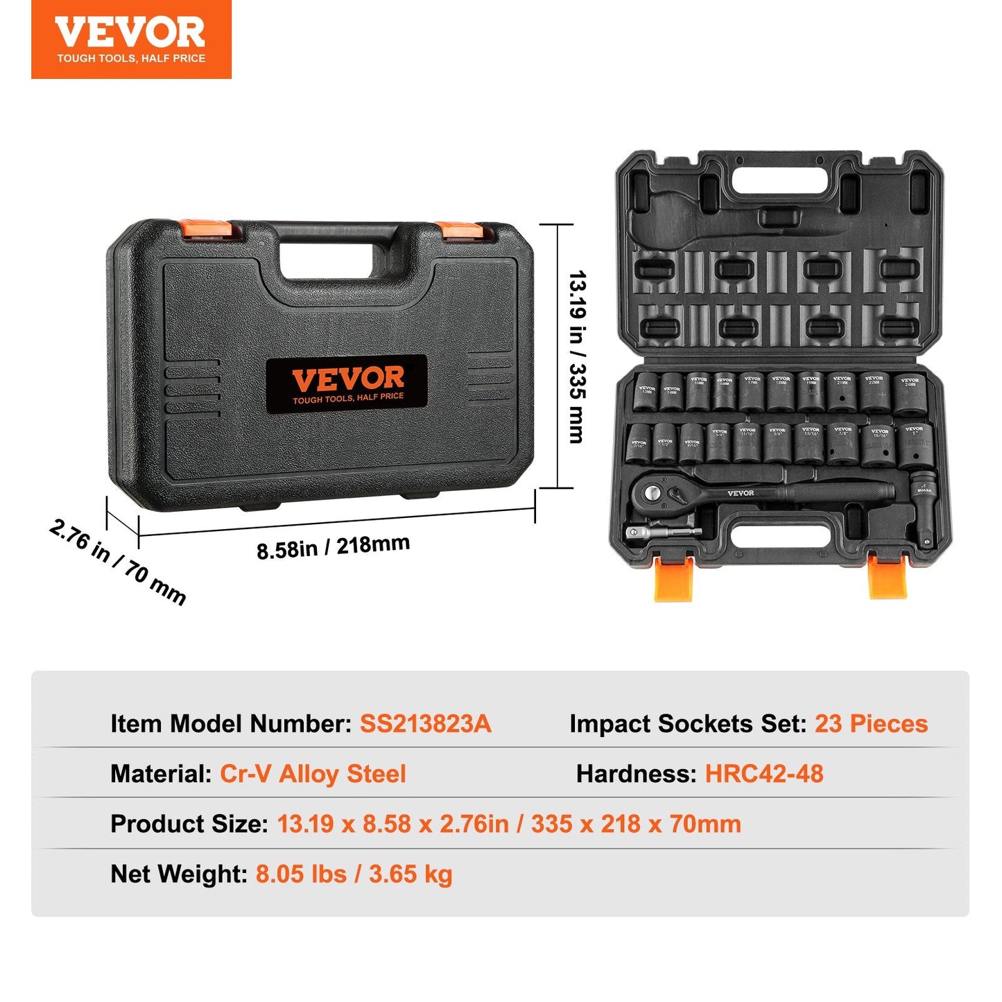 VEVOR 1/2 Drive Impact Socket Set, 23 Piece Socket Set SAE 拢篓7/16 -1拢漏& Metric 拢篓13-24mm拢漏6 Point Cr-V Alloy Steel for Auto Repair with Ratchet Handle Rugged Construction Storage Case