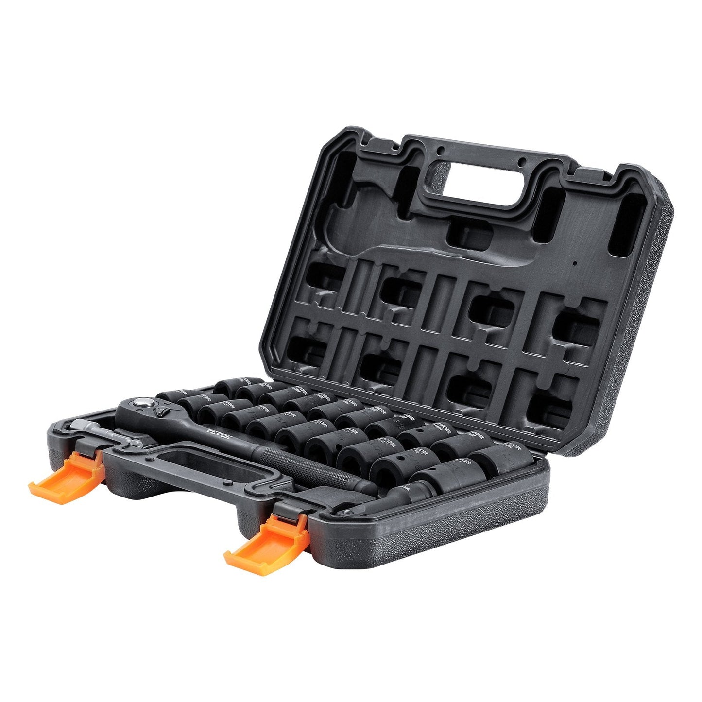VEVOR 1/2 Drive Impact Socket Set, 23 Piece Socket Set SAE 拢篓7/16 -1拢漏& Metric 拢篓13-24mm拢漏6 Point Cr-V Alloy Steel for Auto Repair with Ratchet Handle Rugged Construction Storage Case