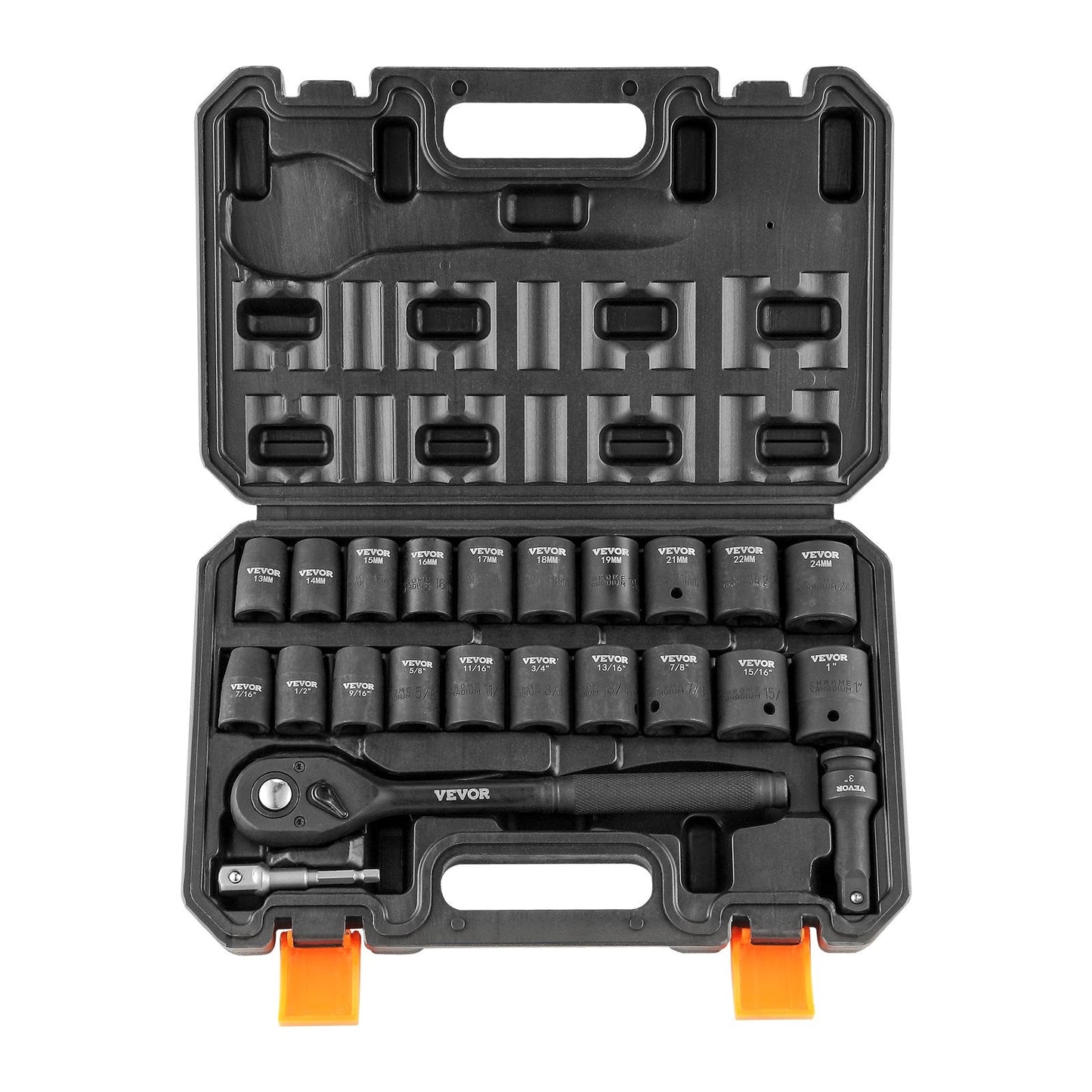VEVOR 1/2 Drive Impact Socket Set, 23 Piece Socket Set SAE 拢篓7/16 -1拢漏& Metric 拢篓13-24mm拢漏6 Point Cr-V Alloy Steel for Auto Repair with Ratchet Handle Rugged Construction Storage Case
