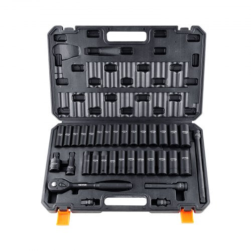 VEVOR 1/2 Drive Impact Socket Set, 33 Piece Socket Set SAE 3/8-1 and Metric 10-24mm, 6 Point Cr-V Alloy Steel for Auto Repair, Easy-to-Read Size Markings, Rugged Construction, Includes Storage Case