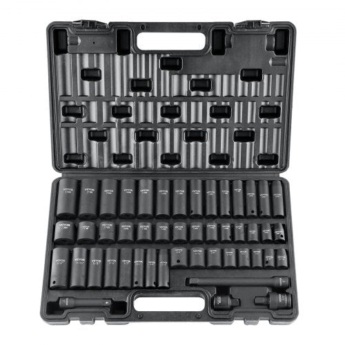 3/8' Drive Impact Socket Set, 48 Piece Socket Set SAE £¨5/16' -3/4'£© & Metric £¨8-22mm£©6 Point Cr-V Drive Extension Bar Universal Joint & Power Drill Adapter Includes Storage Case