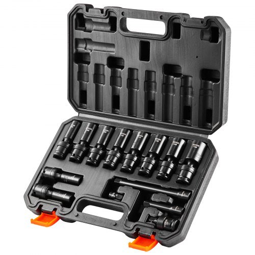 360 Degree Swivel Impact Socket Set, 3/8' Socket Set 14PCS Deep Universal Metric 10-19mm, 6 Point Cr-Mo Alloy Steel for Auto Repair, Easy-to-Read Size Markings, Rugged Construction, Storage Case