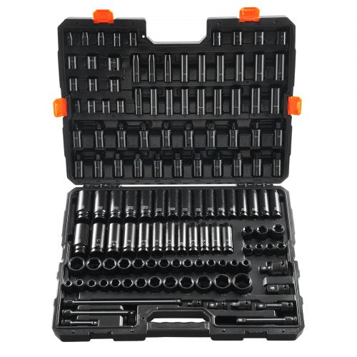 Impact Socket Set 130 Piece 3/8' & 1/2' - SAE & Metric Drive Socket Set - 6 Point Cr-Mo Alloy Steel for Auto Repair - Easy-to-Read Size Markings - Includes Storage Case
