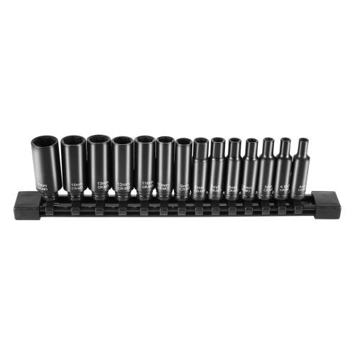 1/4' Drive Impact Socket Set, 14 Piece Deep Socket Set Metric 4-15mm, 6 Point Cr-Mo Alloy Steel for Auto Repair, Easy-to-Read Size Markings, Rugged Construction, Socket Organizer