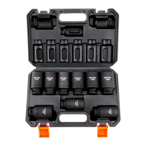 VEVOR 1/2 Drive Impact Socket Set, 9 Piece Deep Socket Set Metric 29-38mm, 6 Point Cr-Mo Alloy Steel for Auto Repair, Easy-to-Read Size Markings, Rugged Construction, Includes Storage Case