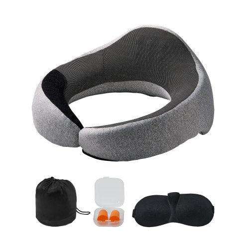 Travel Pillow, Double-Layered 3D Support Neck Pillow for Traveling, 360¡ã Flexible Rotation Upgraded Memory Foam Travel Neck Pillow with Eye Mask, Earplugs, Earplug Case, Storage Bag(Black-Gray)
