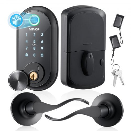 Fingerprint Door Lock Set, Electronic Biometric Deadbolt Keyless Entry Door Lock with Handle, Touchscreen, Auto Locking, One-Time Code, Anti-Peeking Password, IC Cards, for Home, Matte Black