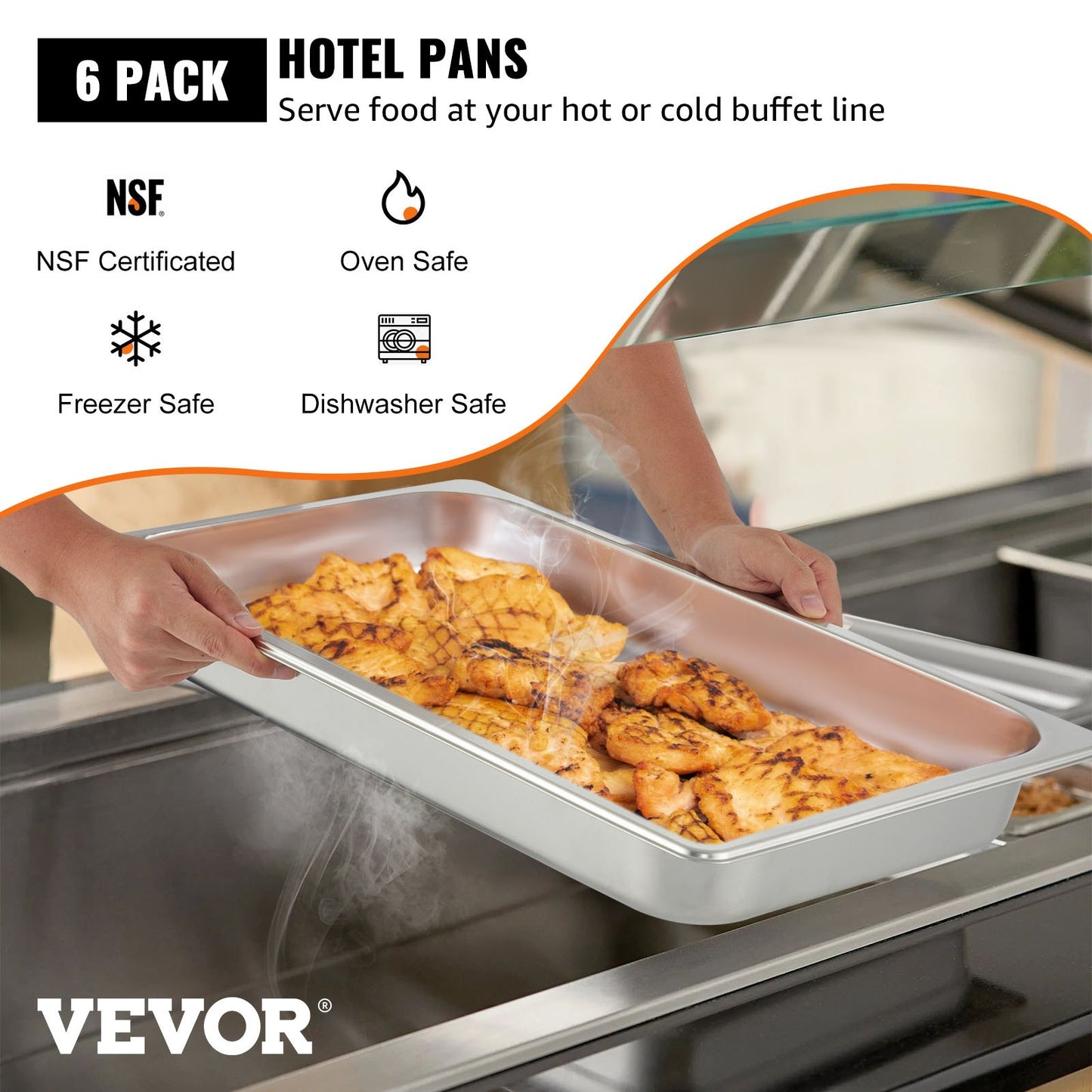 VEVOR 6 Pack Steam Table Pans 20.9 x 12.8 x 2.6 Inch Deep Steam Table Pan Full Size 8.5L Deep Food Container Stainless Steel Oven Tray Hotel Pans Anti-Jam Steam Table Food Pan