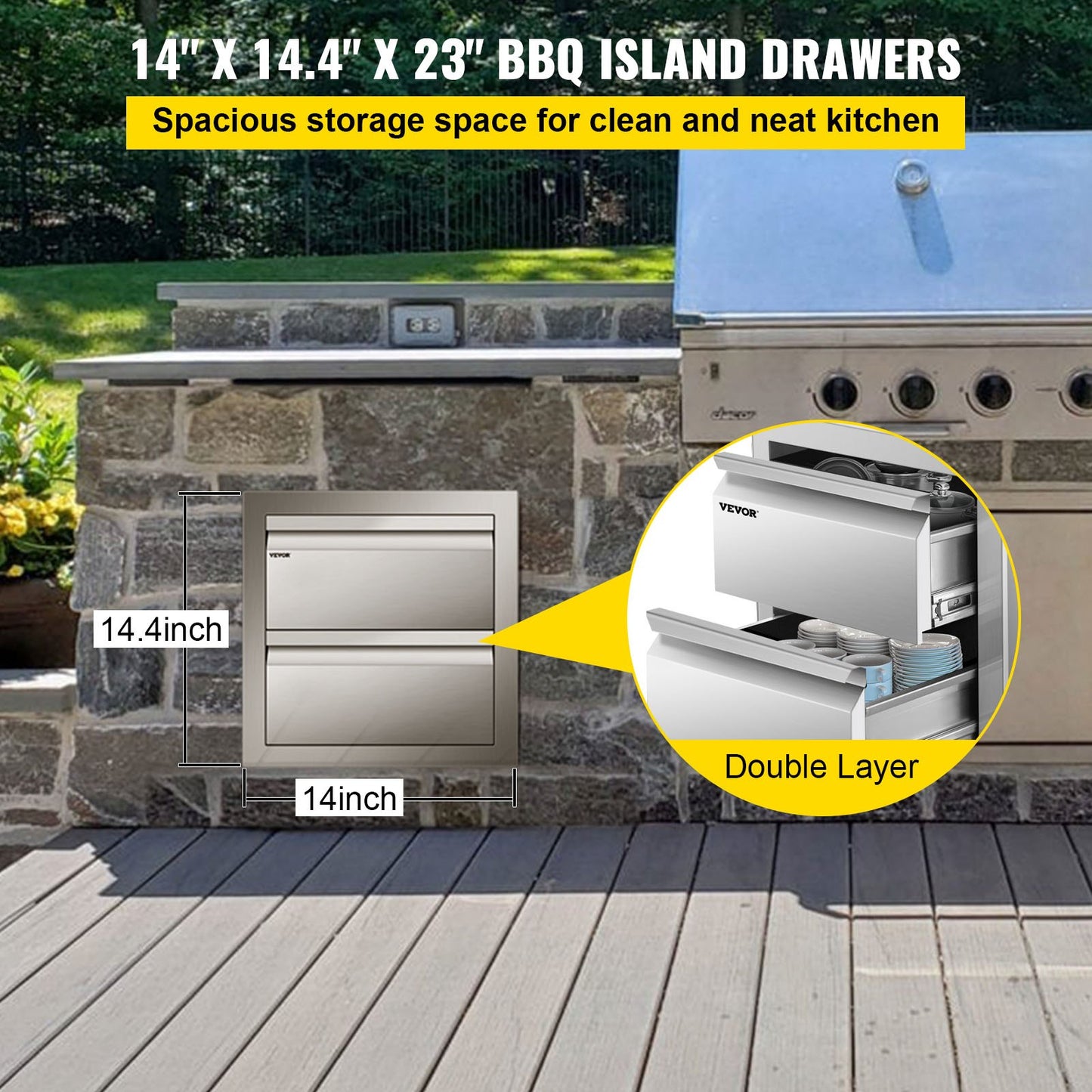 VEVOR 14W x 14.5H x 23D Inch Flush Mount Stainless Steel Double Drawers with Recessed Handles for Outdoor Kitchens or BBQ Island