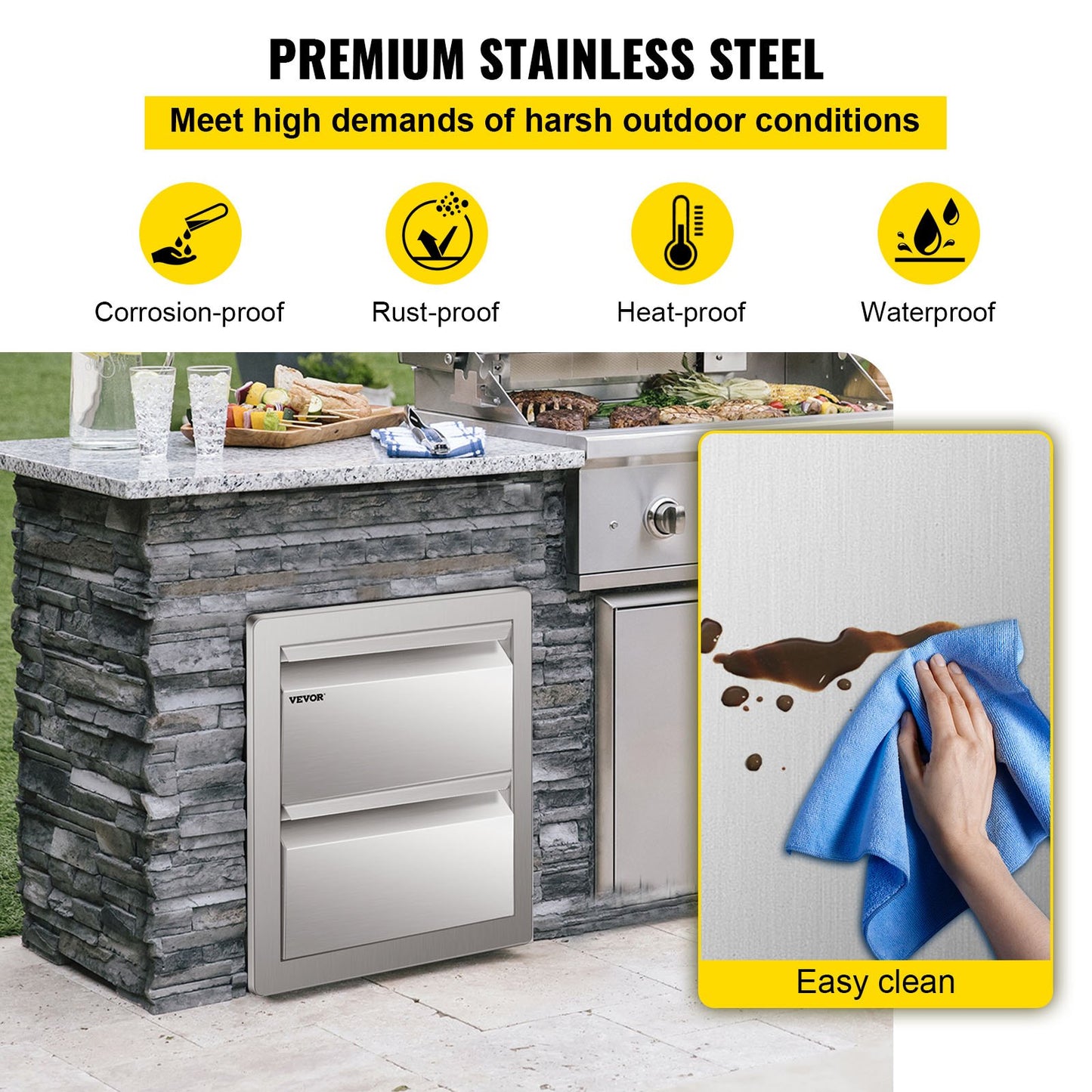 VEVOR 14W x 14.5H x 23D Inch Flush Mount Stainless Steel Double Drawers with Recessed Handles for Outdoor Kitchens or BBQ Island