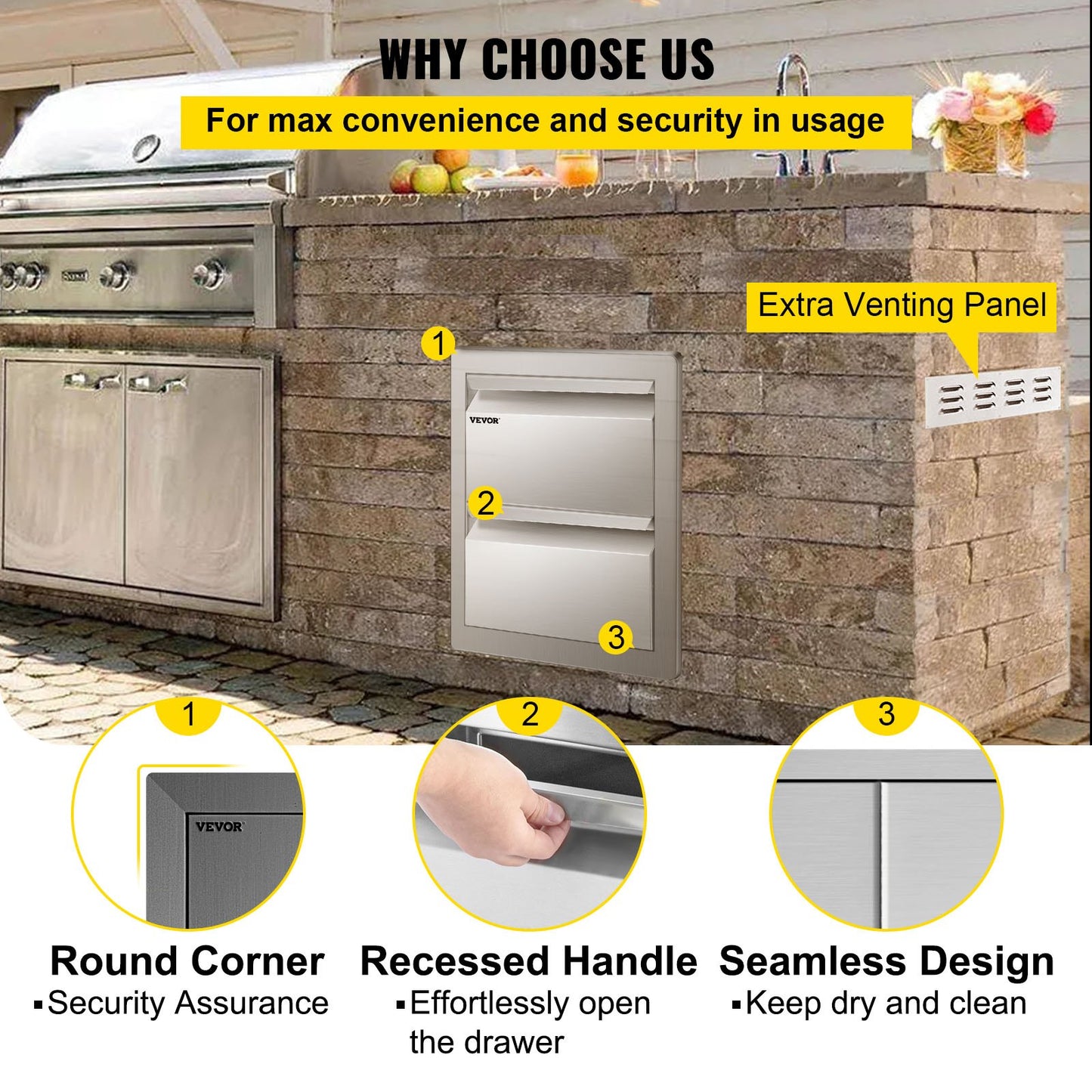 VEVOR 14W x 14.5H x 23D Inch Flush Mount Stainless Steel Double Drawers with Recessed Handles for Outdoor Kitchens or BBQ Island