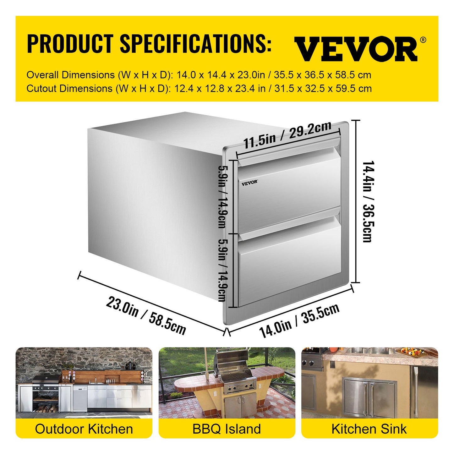 VEVOR 14W x 14.5H x 23D Inch Flush Mount Stainless Steel Double Drawers with Recessed Handles for Outdoor Kitchens or BBQ Island