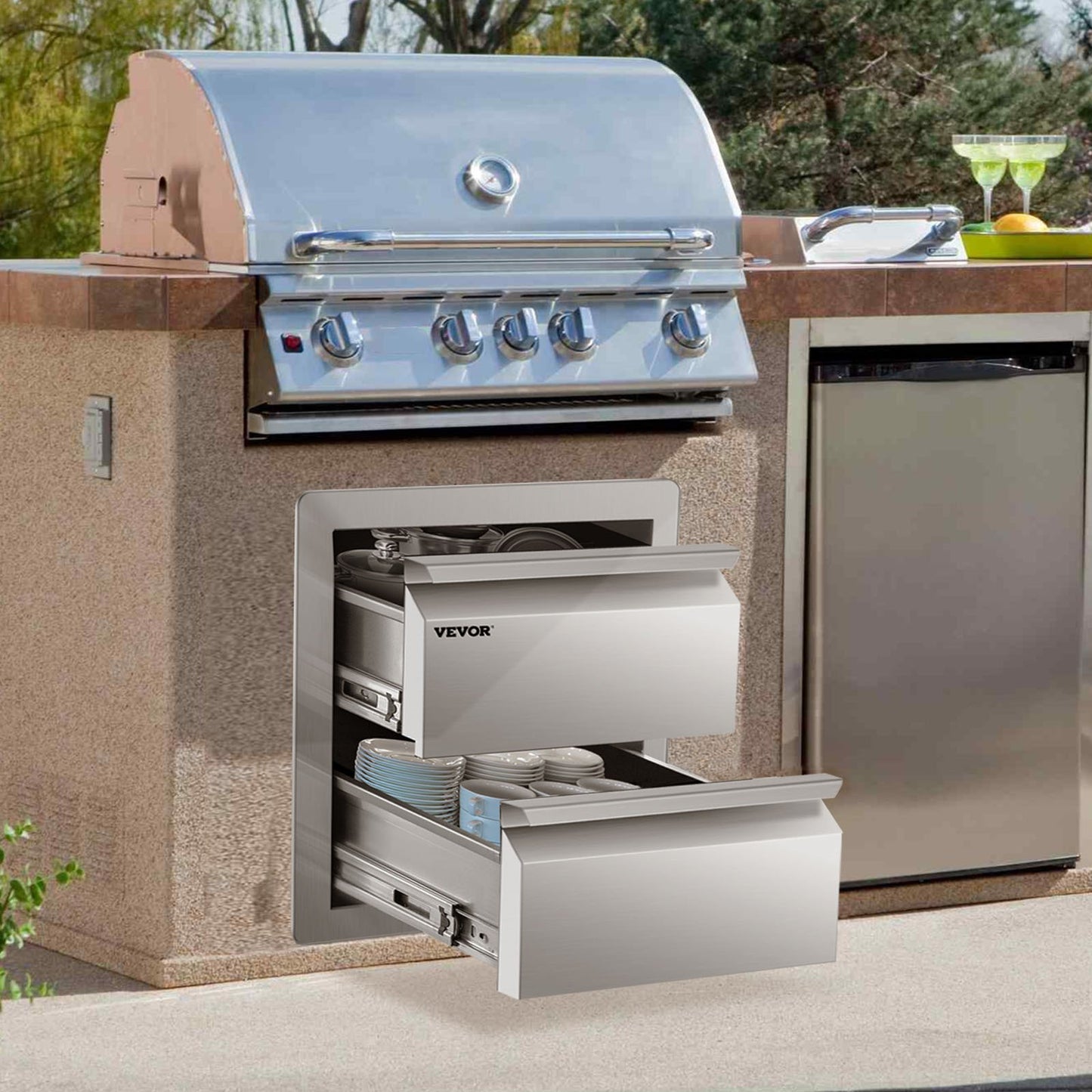 VEVOR 14W x 14.5H x 23D Inch Flush Mount Stainless Steel Double Drawers with Recessed Handles for Outdoor Kitchens or BBQ Island
