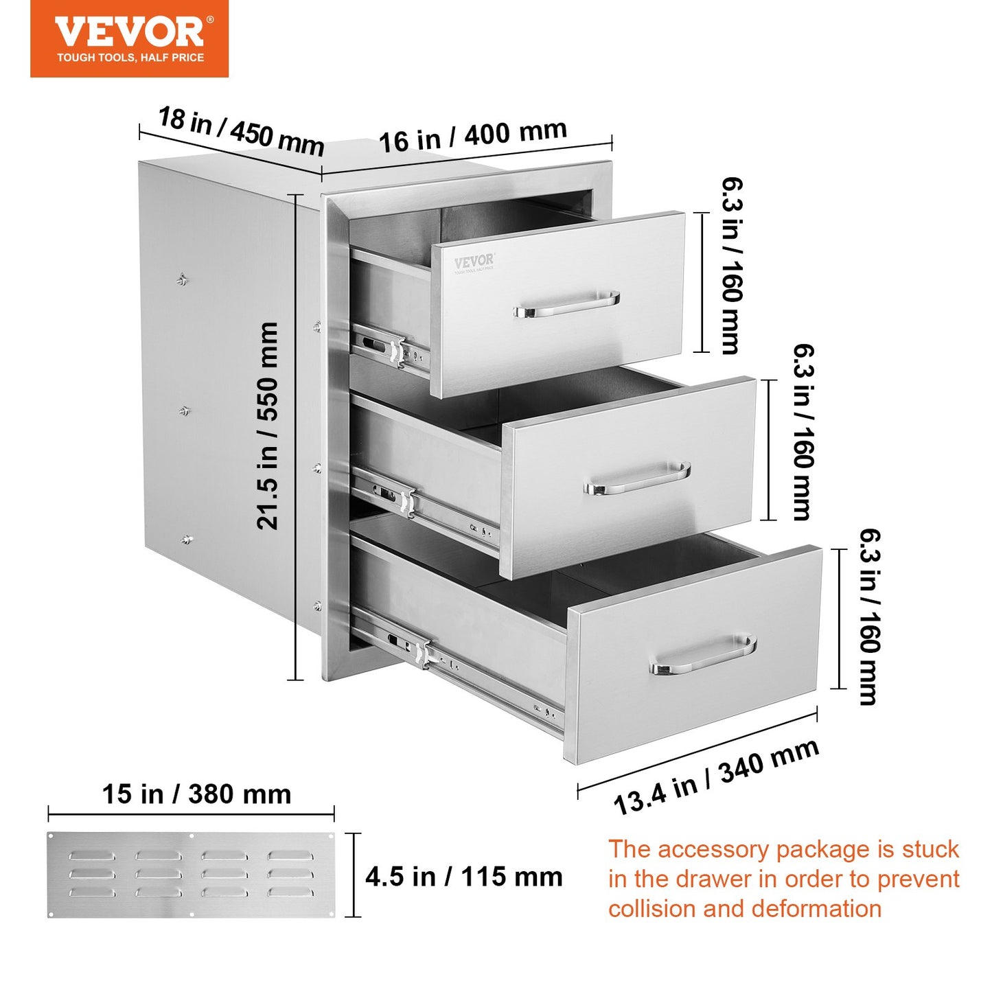 Chest of Drawers 15.7x17.7x21.6 Inch Stainless Steel 201
