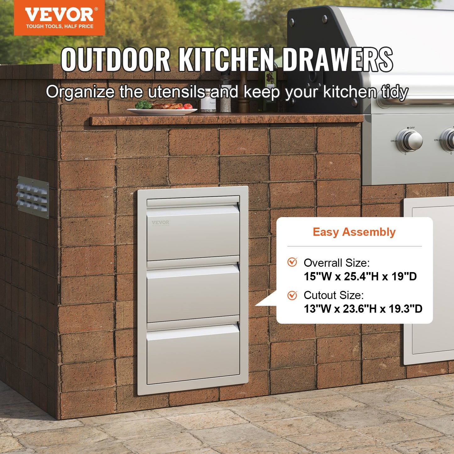 VEVOR Outdoor Kitchen Drawers 14.7 W x 25.4 H x 18.7 D, Box Frame Style Flush Mount BBQ Drawers with Stainless Steel Handle, BBQ Island Drawers for Outdoor Kitchens or Patio Grill Station