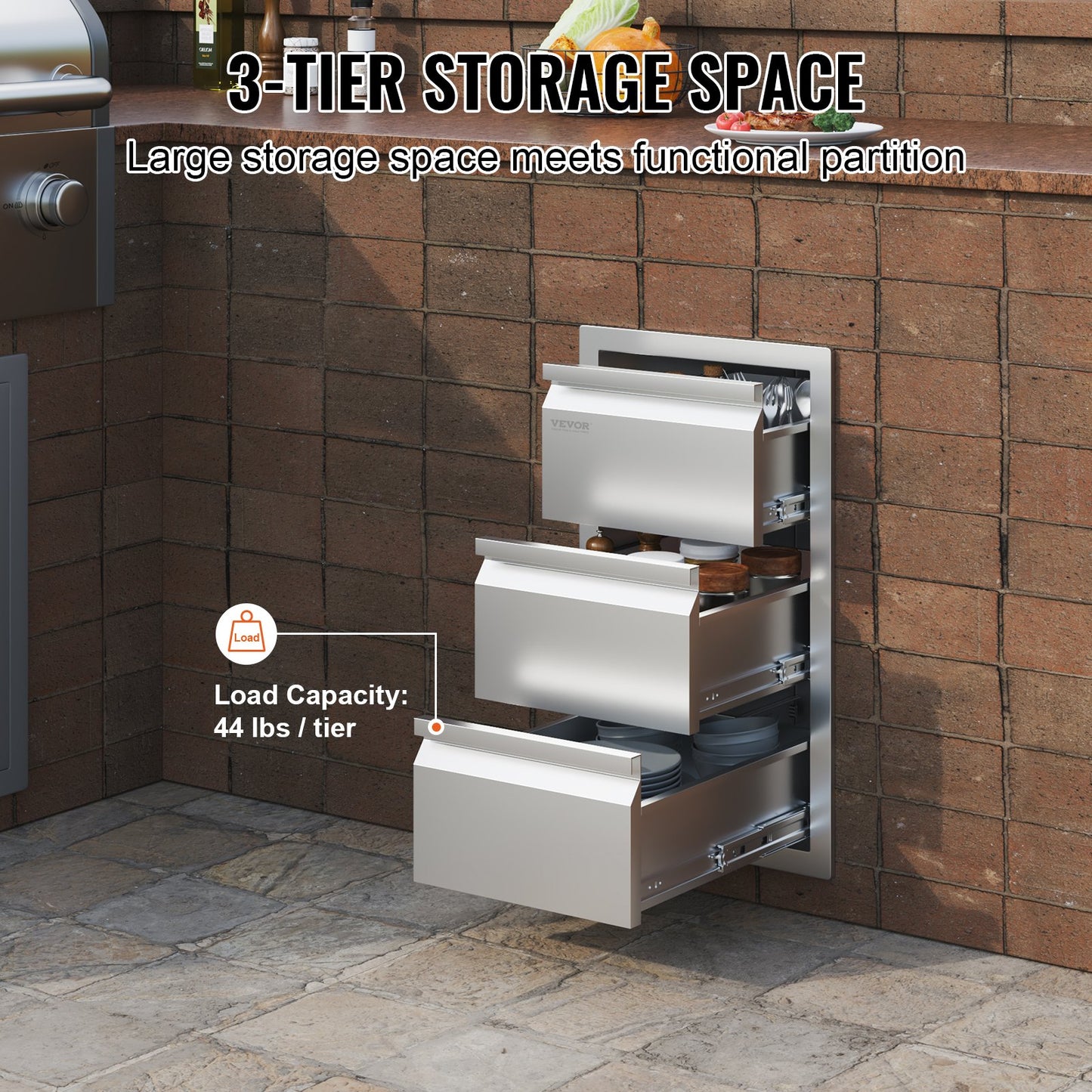 VEVOR Outdoor Kitchen Drawers 14.7 W x 25.4 H x 18.7 D, Box Frame Style Flush Mount BBQ Drawers with Stainless Steel Handle, BBQ Island Drawers for Outdoor Kitchens or Patio Grill Station