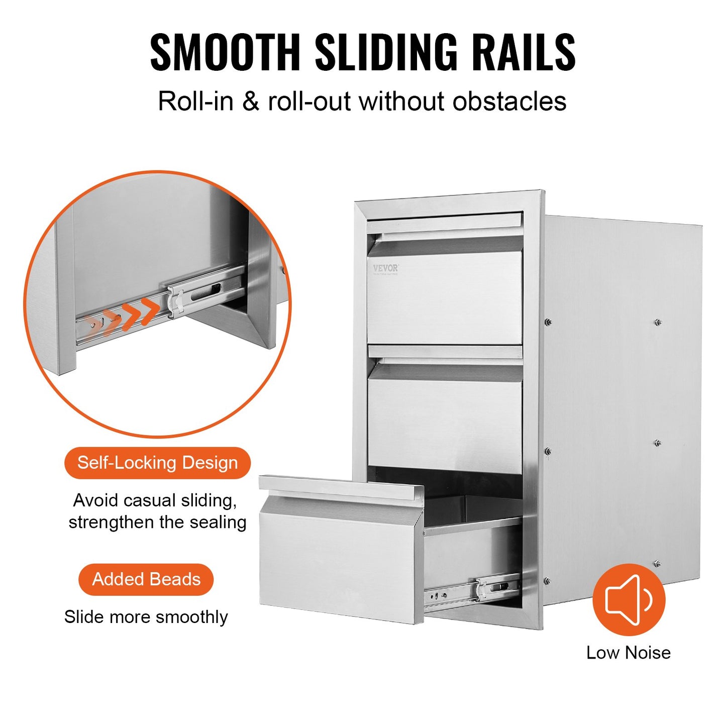 VEVOR Outdoor Kitchen Drawers 14.7 W x 25.4 H x 18.7 D, Box Frame Style Flush Mount BBQ Drawers with Stainless Steel Handle, BBQ Island Drawers for Outdoor Kitchens or Patio Grill Station