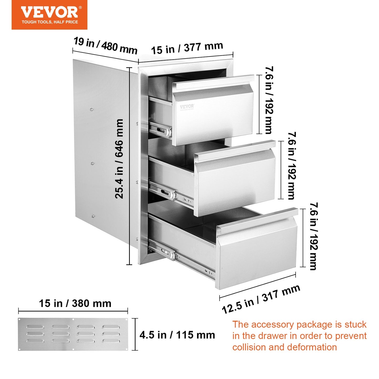 VEVOR Outdoor Kitchen Drawers 14.7 W x 25.4 H x 18.7 D, Box Frame Style Flush Mount BBQ Drawers with Stainless Steel Handle, BBQ Island Drawers for Outdoor Kitchens or Patio Grill Station