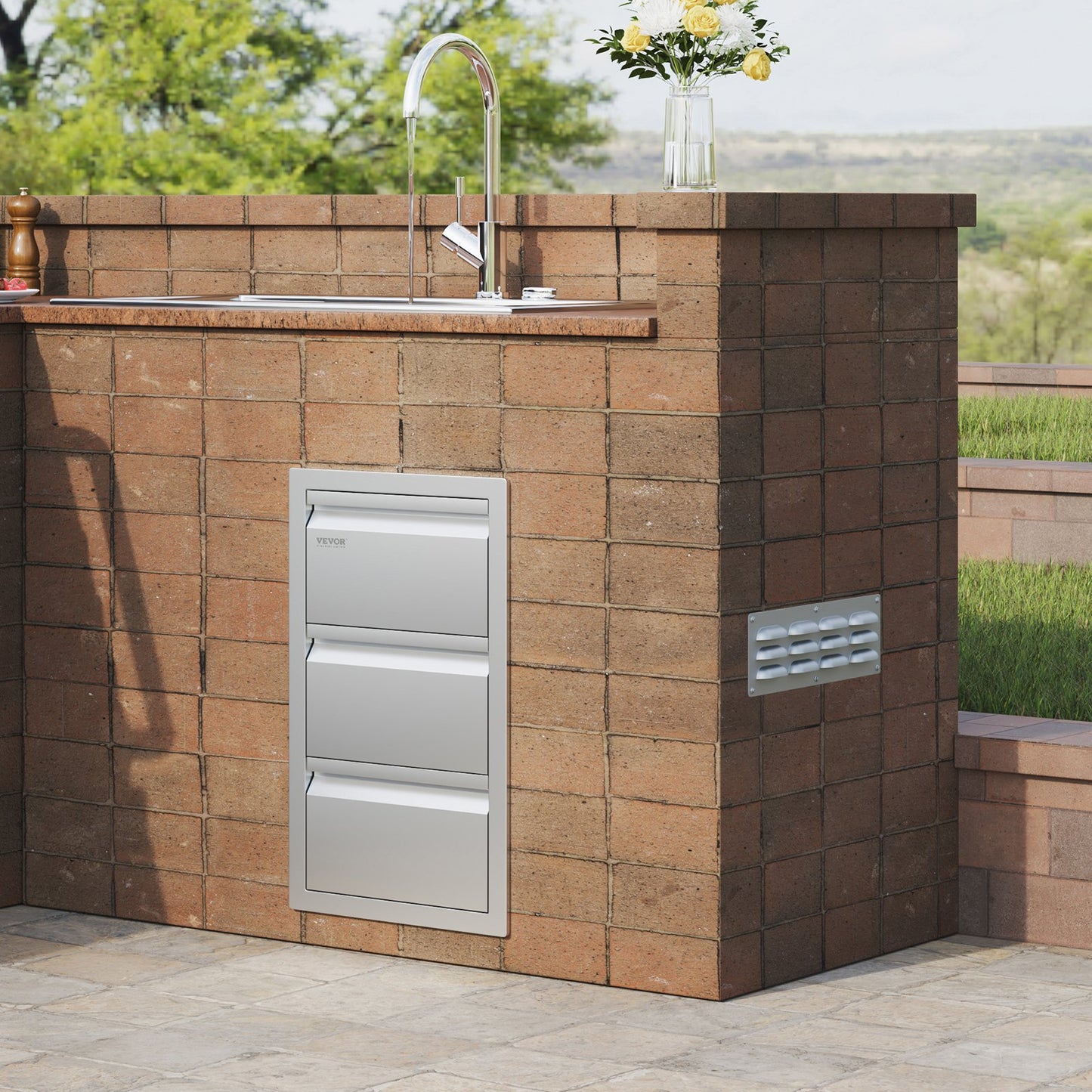 VEVOR Outdoor Kitchen Drawers 14.7 W x 25.4 H x 18.7 D, Box Frame Style Flush Mount BBQ Drawers with Stainless Steel Handle, BBQ Island Drawers for Outdoor Kitchens or Patio Grill Station