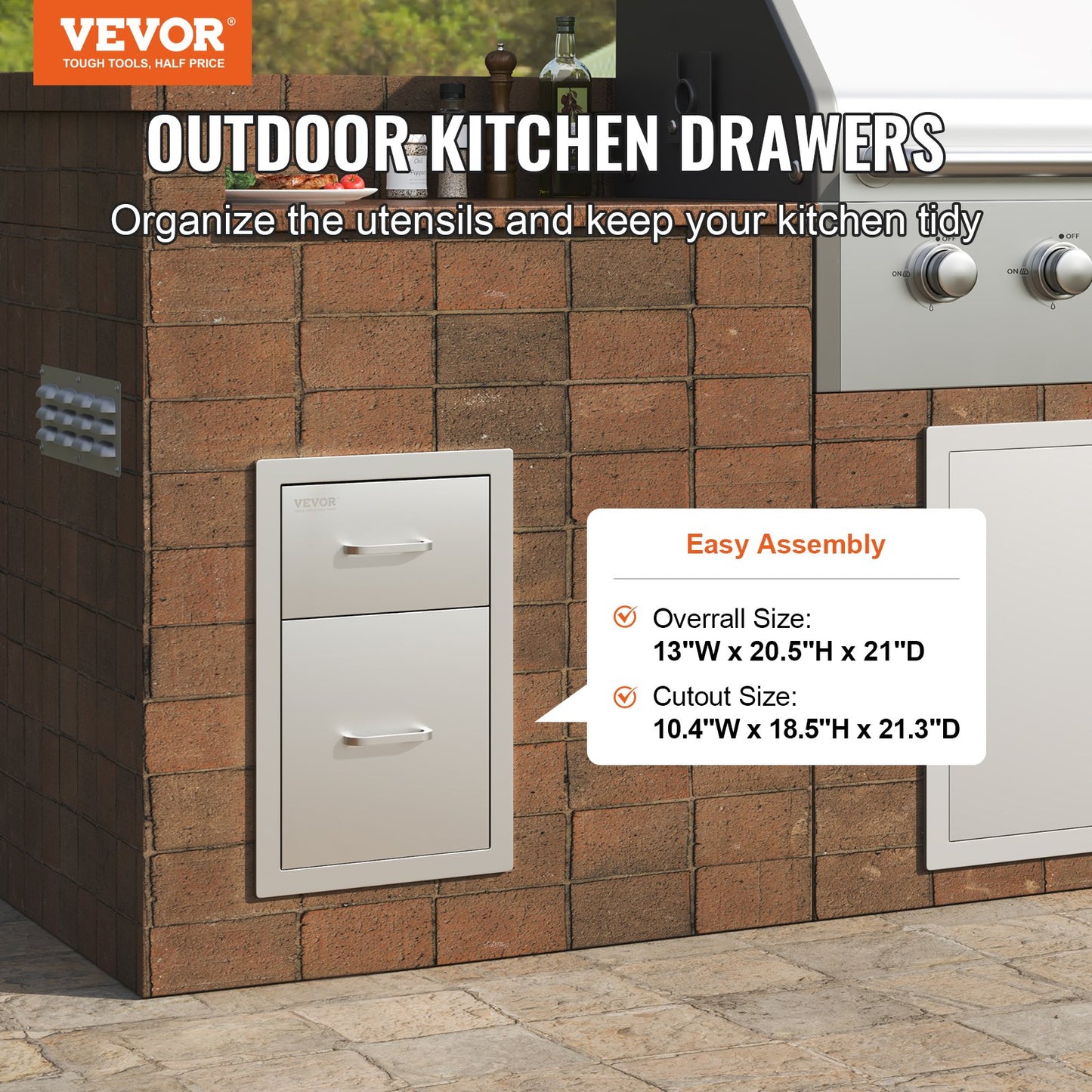 VEVOR Outdoor Kitchen Drawers 13 W x 20.4 H x 20.8 D, Flush Mount Double BBQ Access Drawers with Stainless Steel Handle, BBQ Island Drawers for Outdoor Kitchens or Patio Grill Station
