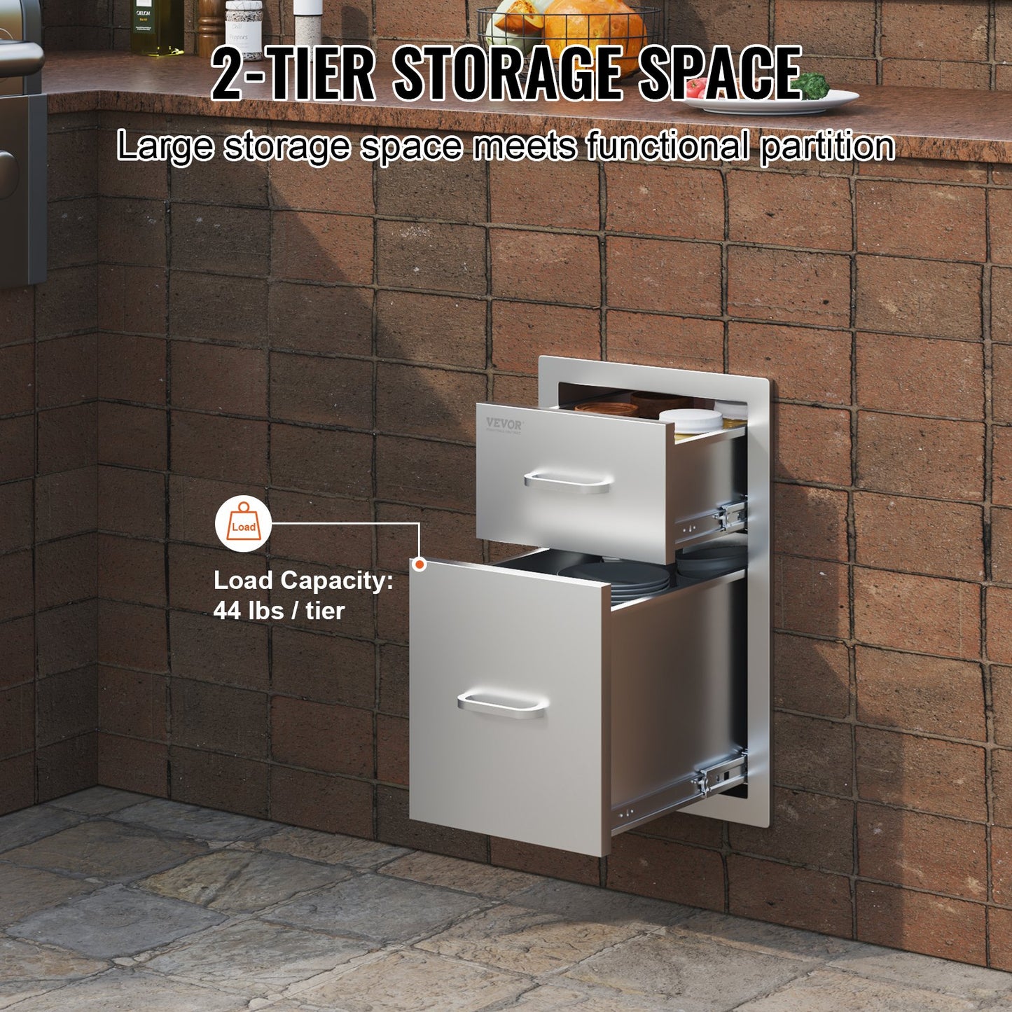 VEVOR Outdoor Kitchen Drawers 13 W x 20.4 H x 20.8 D, Flush Mount Double BBQ Access Drawers with Stainless Steel Handle, BBQ Island Drawers for Outdoor Kitchens or Patio Grill Station