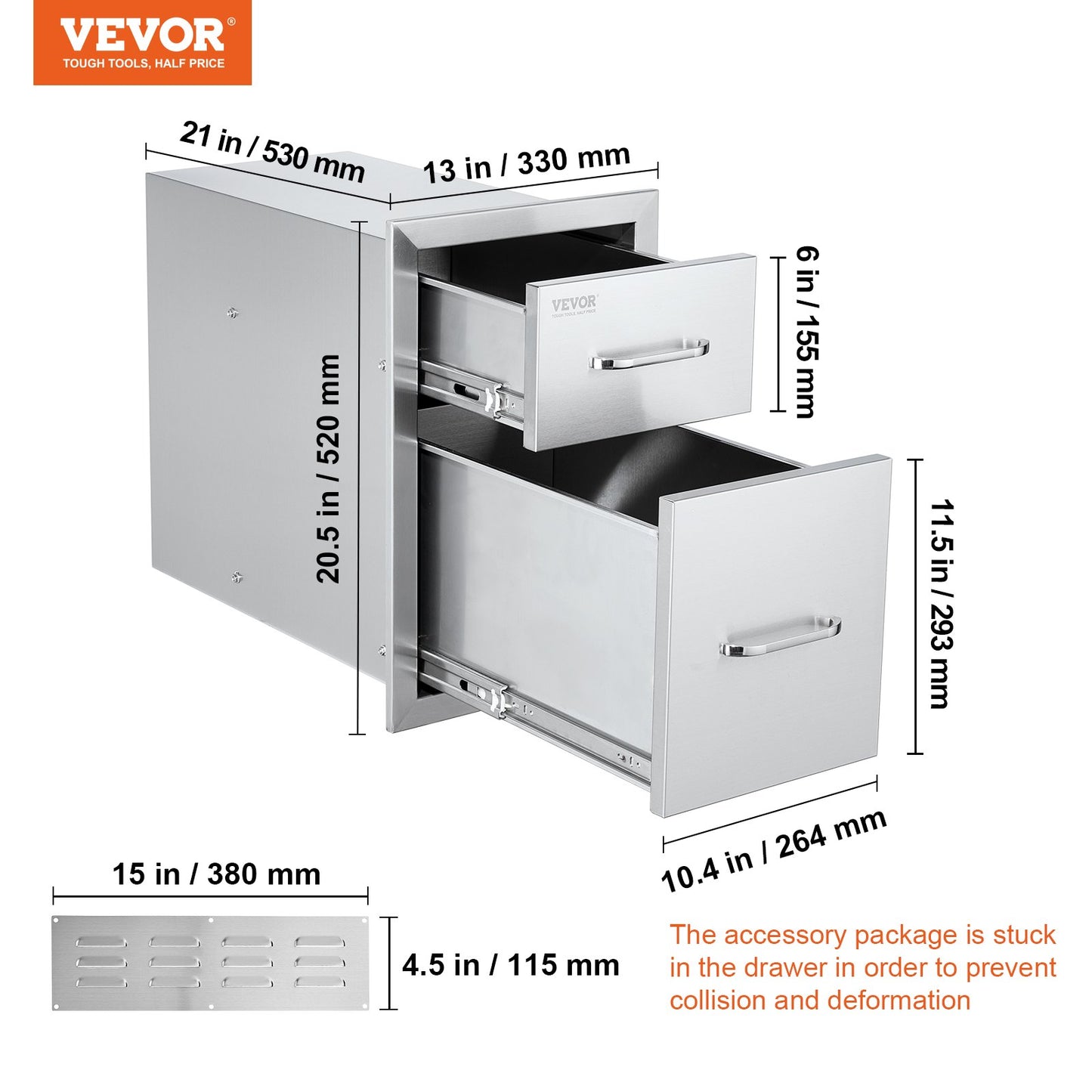 VEVOR Outdoor Kitchen Drawers 13 W x 20.4 H x 20.8 D, Flush Mount Double BBQ Access Drawers with Stainless Steel Handle, BBQ Island Drawers for Outdoor Kitchens or Patio Grill Station