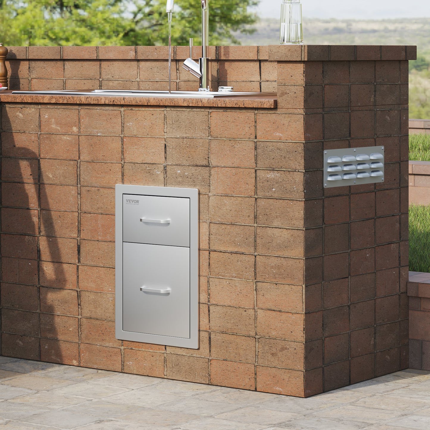 VEVOR Outdoor Kitchen Drawers 13 W x 20.4 H x 20.8 D, Flush Mount Double BBQ Access Drawers with Stainless Steel Handle, BBQ Island Drawers for Outdoor Kitchens or Patio Grill Station