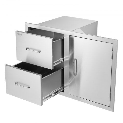 VEVOR Outdoor Kitchen Door Drawer Combo 32.5 W x 21.6 H x 20.5''D, Access Door/Double Drawers with Paper Towel Rack, BBQ Island Drawers with Stainless Steel Handles for Outdoor Kitchen
