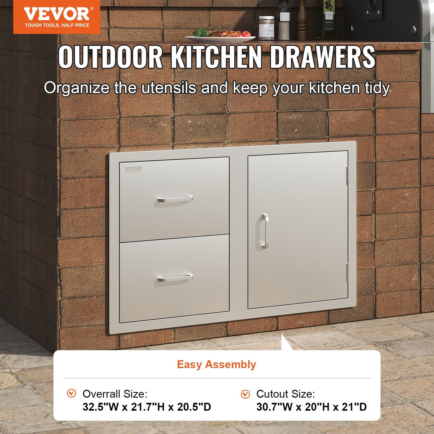 VEVOR Outdoor Kitchen Door Drawer Combo 32.5 W x 21.6 H x 20.5''D, Access Door/Double Drawers with Paper Towel Rack, BBQ Island Drawers with Stainless Steel Handles for Outdoor Kitchen