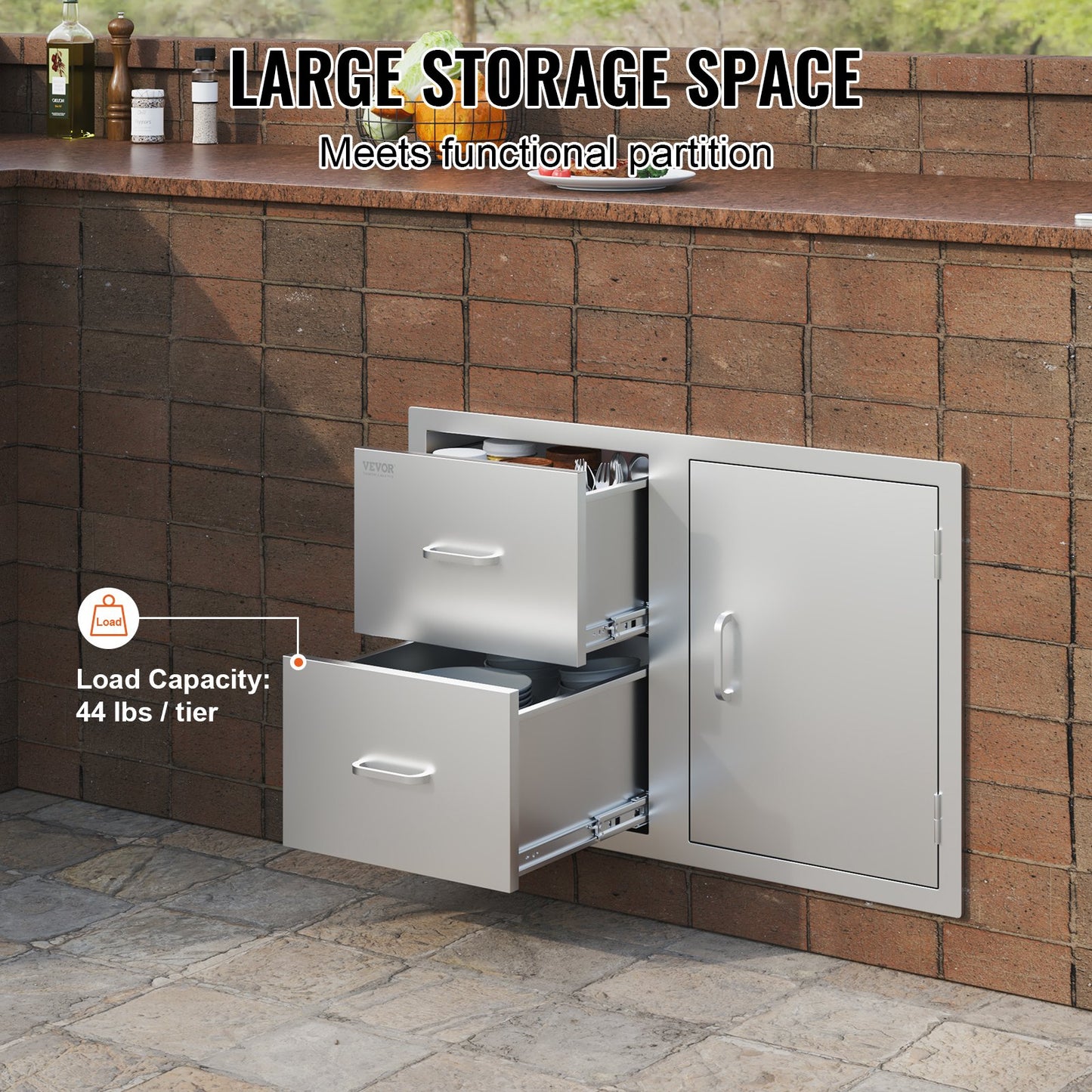 VEVOR Outdoor Kitchen Door Drawer Combo 32.5 W x 21.6 H x 20.5''D, Access Door/Double Drawers with Paper Towel Rack, BBQ Island Drawers with Stainless Steel Handles for Outdoor Kitchen